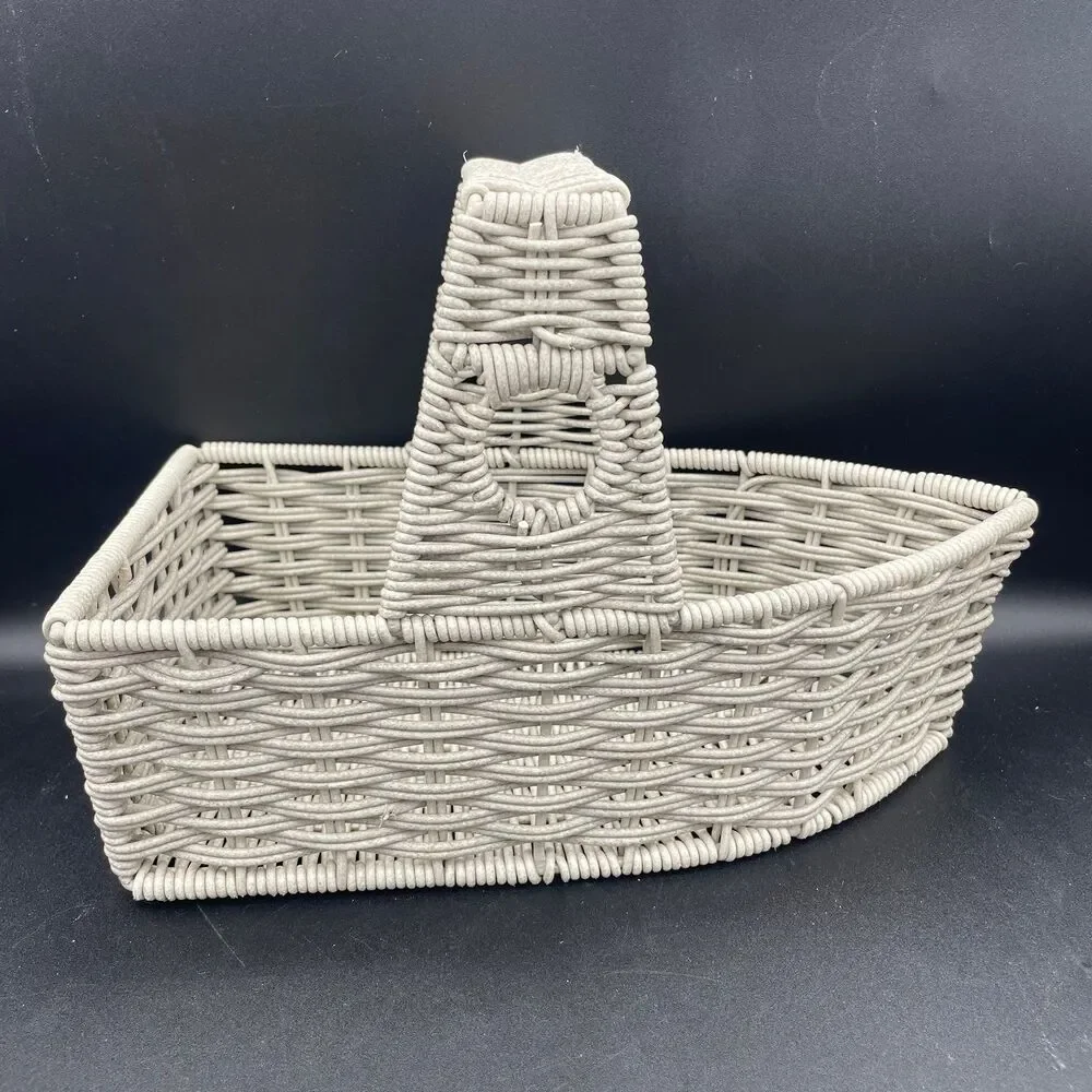 Vintage White Woven Faux Rattan Basket Metal Frame Heavy Weight Storage Caddy